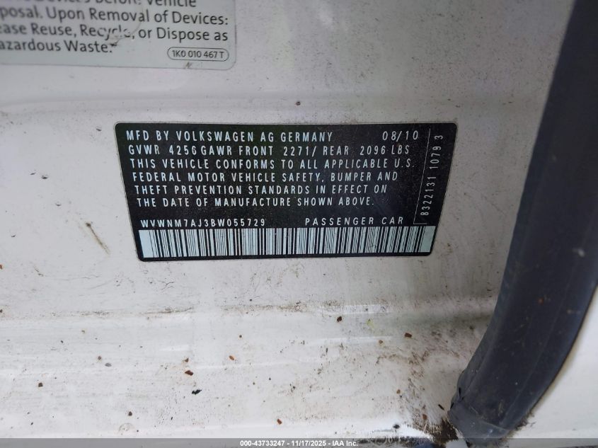 2011 Volkswagen Golf Tdi 4-Door VIN: WVWNM7AJ3BW055729 Lot: 43733247