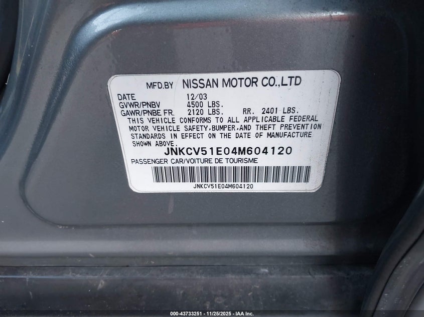 2004 Infiniti G35 VIN: JNKCV51E04M604120 Lot: 43733251