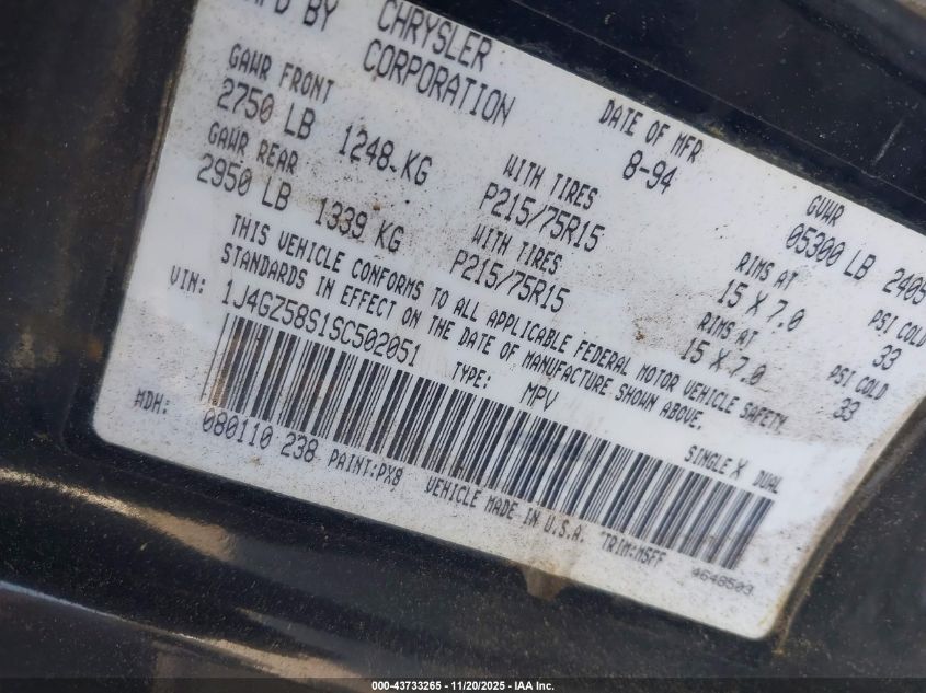 1995 Jeep Grand Cherokee Laredo VIN: 1J4GZ58S1SC502051 Lot: 43733265