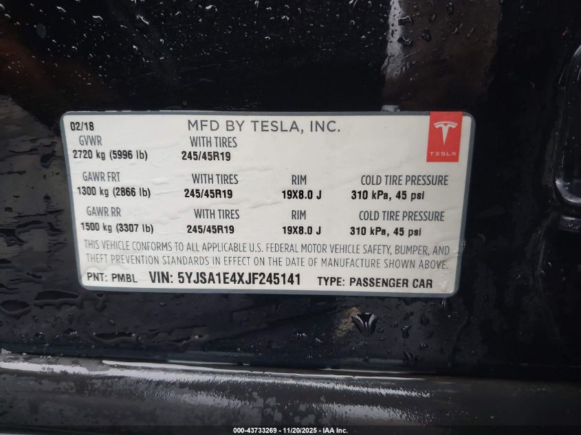 2018 Tesla Model S 100D/75D/P100D VIN: 5YJSA1E4XJF245141 Lot: 43733269