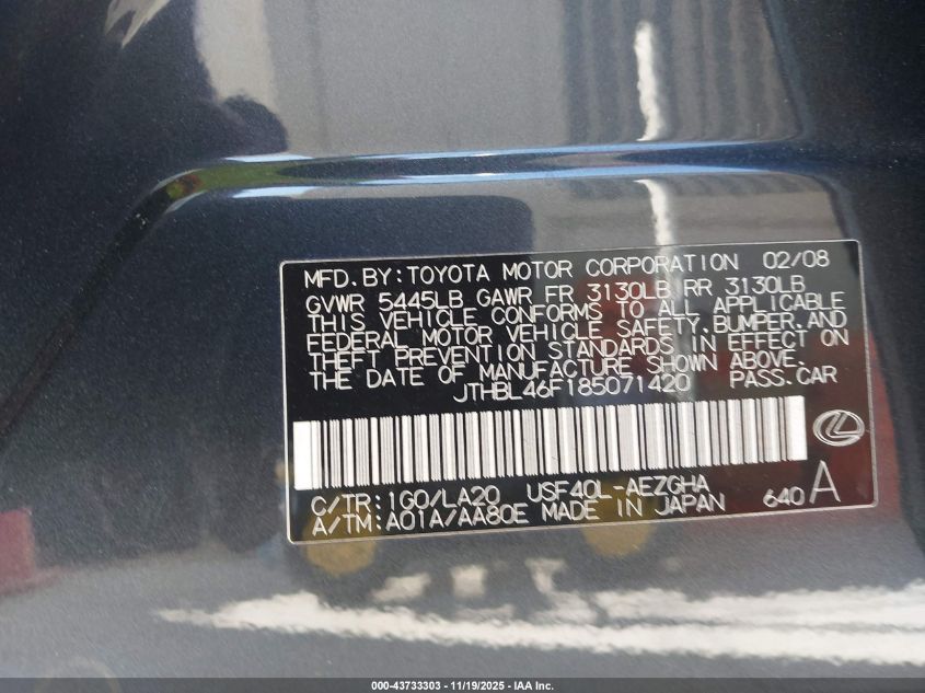 2008 Lexus Ls 460 VIN: JTHBL46F185071420 Lot: 43733303