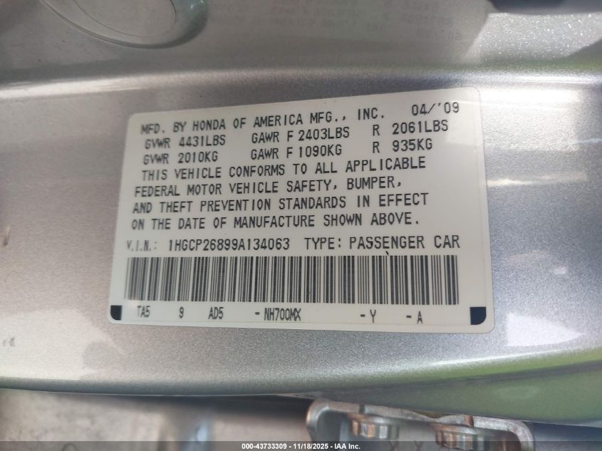 2009 Honda Accord 2.4 Ex-L VIN: 1HGCP26899A134063 Lot: 43733309