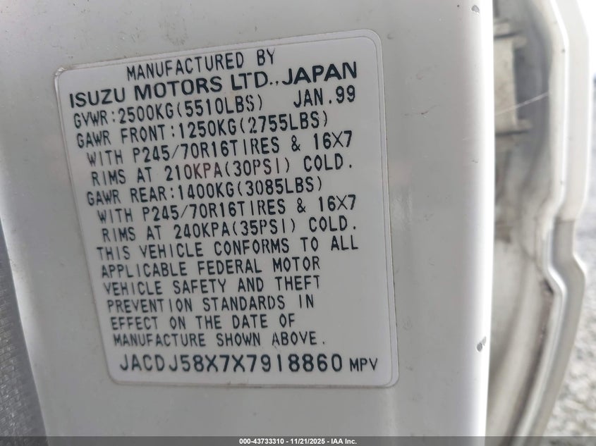 1999 Isuzu Trooper S JACDJ58X7X7918860 from the USA