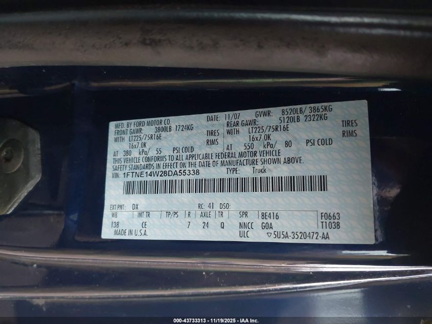 2008 Ford E-150 Commercial/Recreational VIN: 1FTNE14W28DA55338 Lot: 43733313