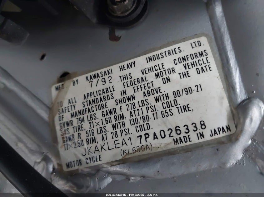1993 Kawasaki Kl650 VIN: JKAKLEA17PA026338 Lot: 43733315