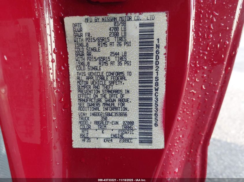 1998 Nissan Frontier Standard/Xe VIN: 1N6DD21S8WC353656 Lot: 43733321