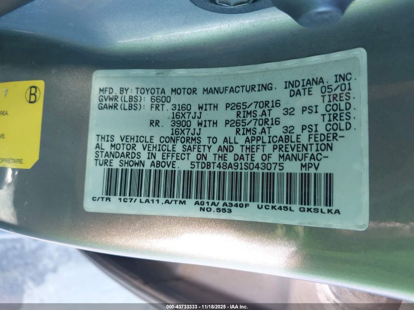 2001 Toyota Sequoia Limited V8 VIN: 5TDBT48A91S043075 Lot: 43733333