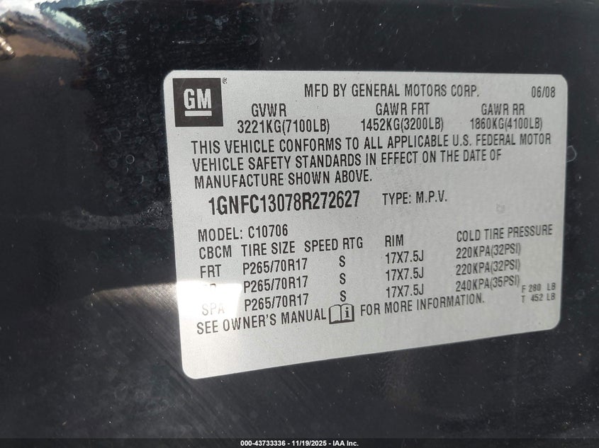 2008 Chevrolet Tahoe Lt VIN: 1GNFC13078R272627 Lot: 43733336