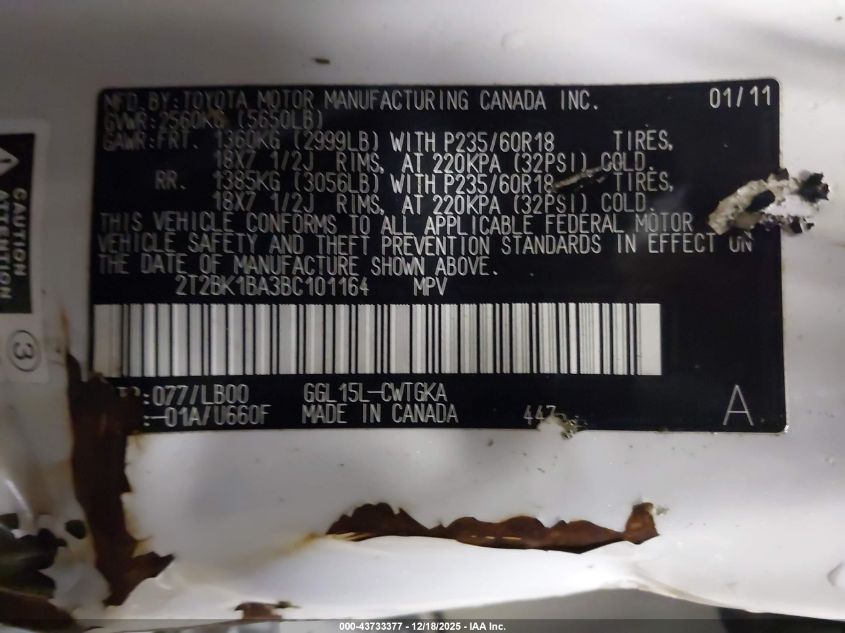 2011 Lexus Rx 350 VIN: 2T2BK1BA3BC101164 Lot: 43733377