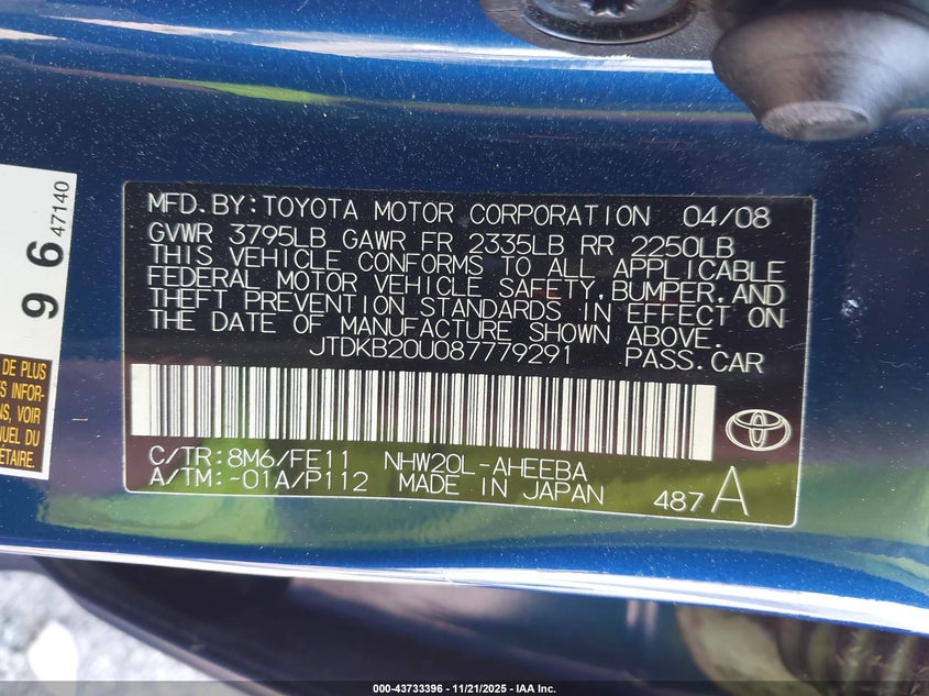 2008 Toyota Prius Touring VIN: JTDKB20U087779291 Lot: 43733396