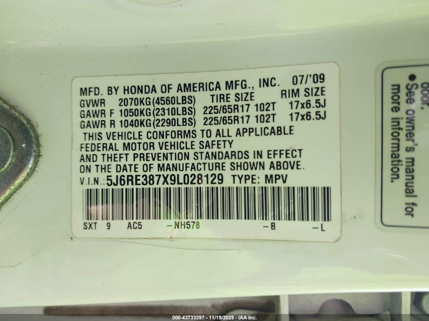 2009 Honda Cr-V Ex-L VIN: 5J6RE387X9L028129 Lot: 43733397