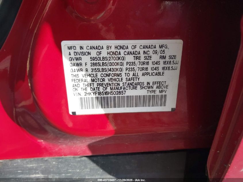 2006 Honda Pilot Ex-L VIN: 2HKYF18516H502857 Lot: 43733407