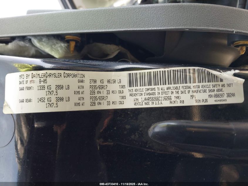 2006 Jeep Grand Cherokee Limited VIN: 1J4HR58266C116266 Lot: 43733410