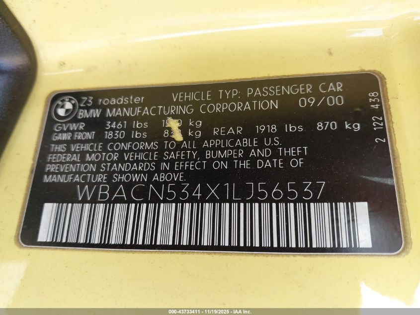 2001 BMW Z3 3.0I VIN: WBACN534X1LJ56537 Lot: 43733411