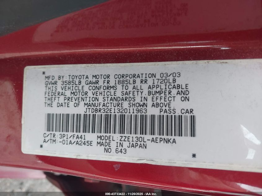 2003 Toyota Corolla Le VIN: JTDBR32E132011963 Lot: 43733422