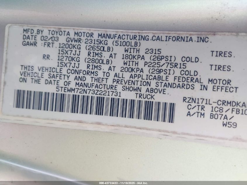 2003 Toyota Tacoma VIN: 5TEWM72N73Z221731 Lot: 43733433