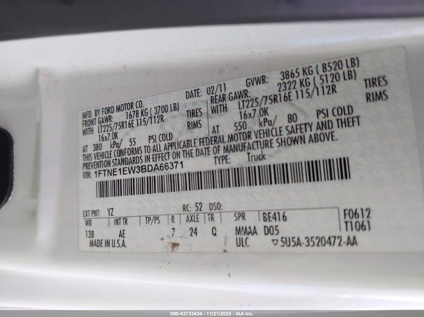 2011 Ford E-150 Commercial VIN: 1FTNE1EW3BDA66371 Lot: 43733434