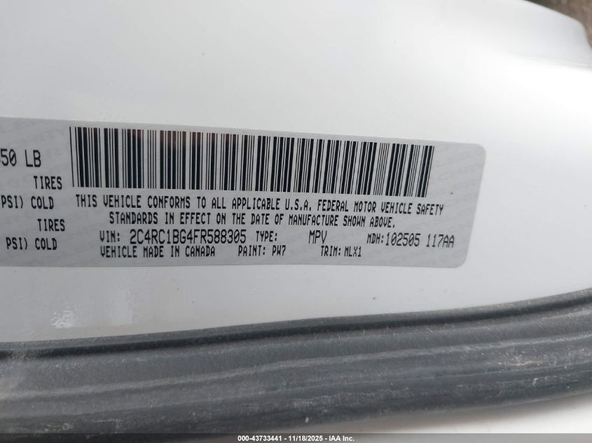 2015 Chrysler Town & Country Touring VIN: 2C4RC1BG4FR588305 Lot: 43733441