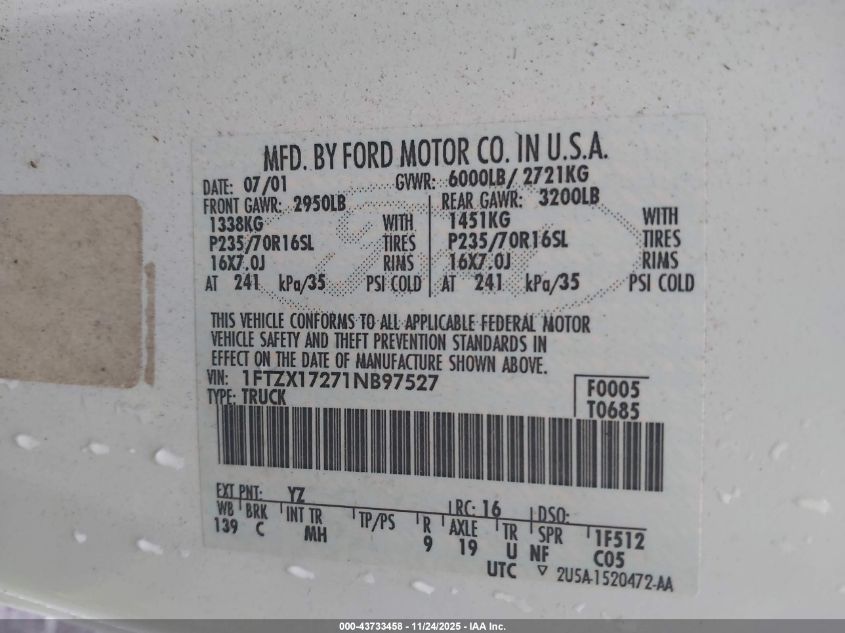 2001 Ford F-150 Xl/Xlt VIN: 1FTZX17271NB97527 Lot: 43733458