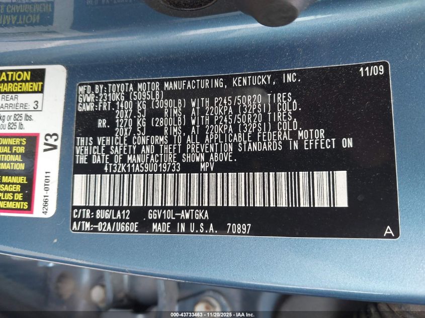 2009 Toyota Venza Base V6 VIN: 4T3ZK11A59U019733 Lot: 43733463