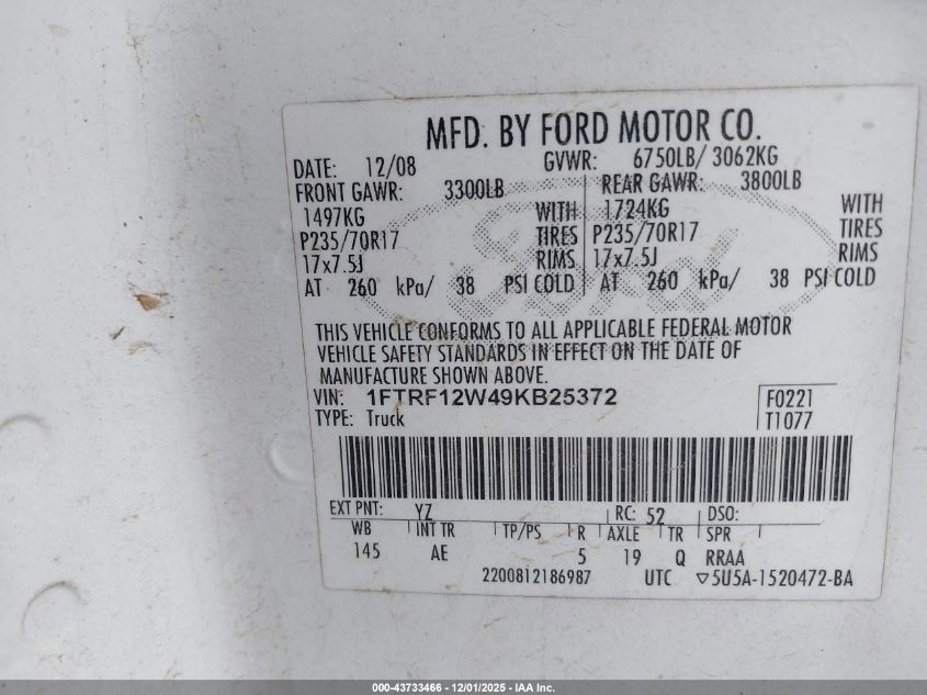 2009 Ford F-150 Stx/Xl/Xlt VIN: 1FTRF12W49KB25372 Lot: 43733466
