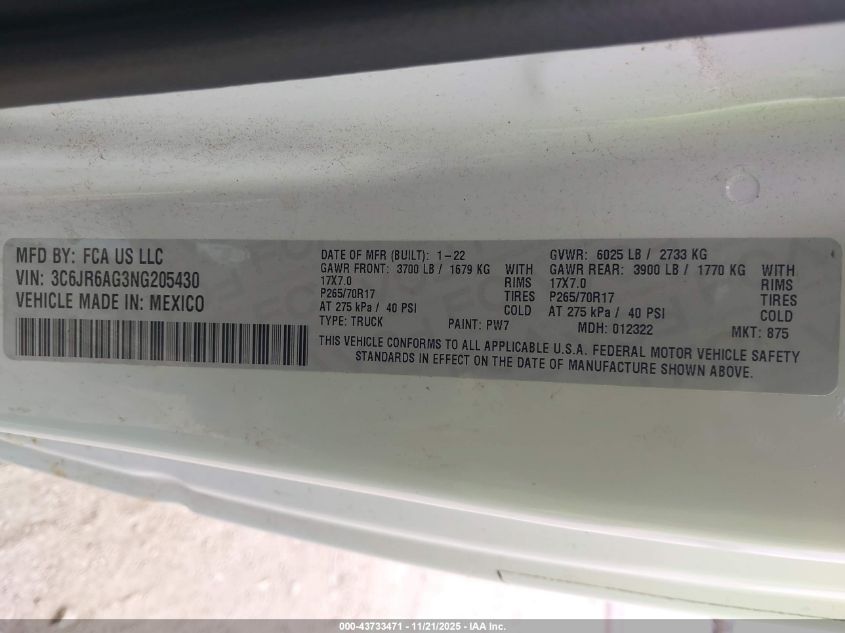 2022 Ram 1500 Classic Tradesman 4X2 6'4 Box VIN: 3C6JR6AG3NG205430 Lot: 43733471