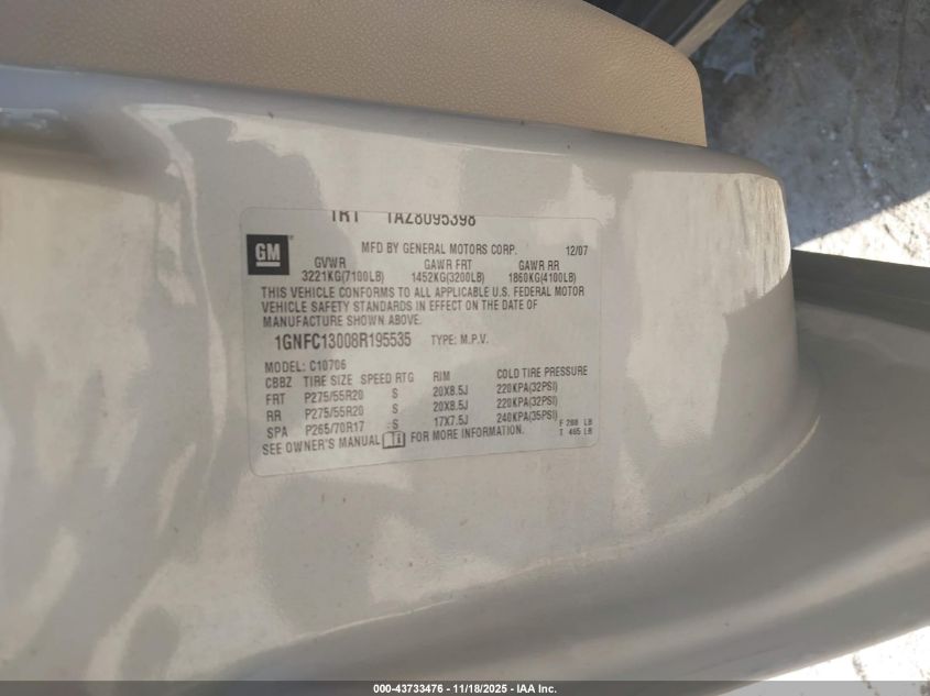 2008 Chevrolet Tahoe Ltz VIN: 1GNFC13008R195535 Lot: 43733476