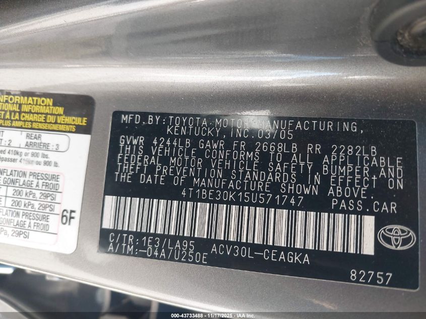 2005 Toyota Camry Xle VIN: 4T1BE30K15U571747 Lot: 43733488