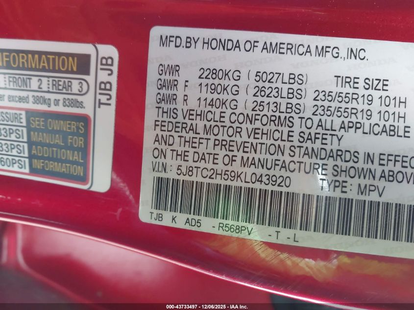 2019 Acura Rdx Technology Package VIN: 5J8TC2H59KL043920 Lot: 43733497