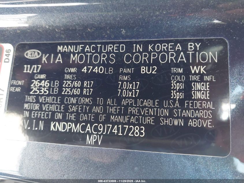 2018 Kia Sportage Lx VIN: KNDPMCAC9J7417283 Lot: 43733508