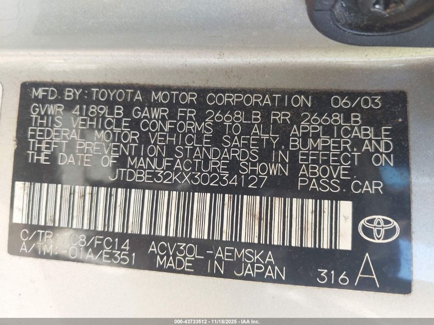 2003 Toyota Camry Se VIN: JTDBE32KX30234127 Lot: 43733512