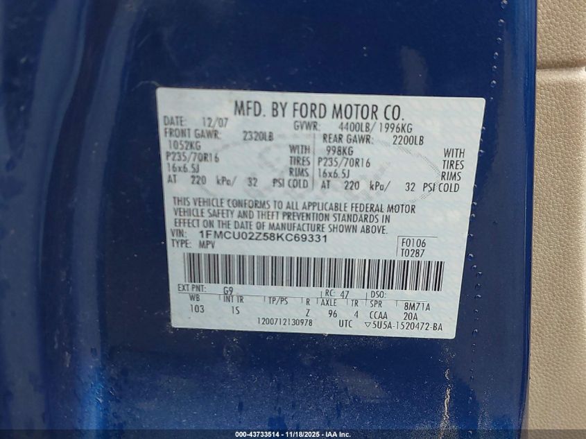 2008 Ford Escape Xls/Xls Manual VIN: 1FMCU02Z58KC69331 Lot: 43733514