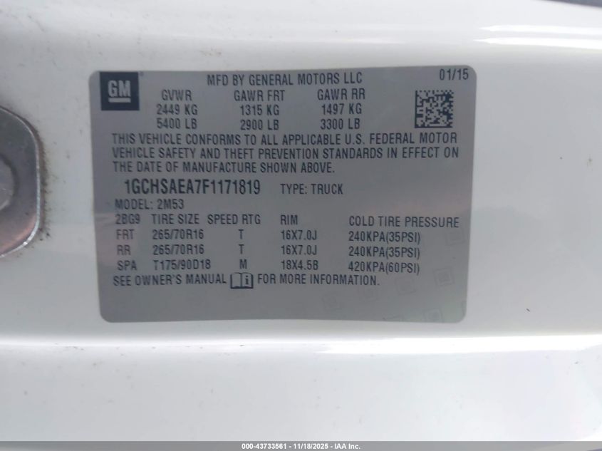 2015 Chevrolet Colorado Wt VIN: 1GCHSAEA7F1171819 Lot: 43733561