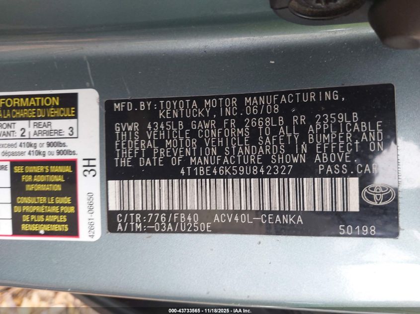 2009 Toyota Camry Le VIN: 4T1BE46K59U842327 Lot: 43733565
