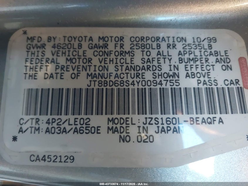 JT8BD68S4Y0094755 2000 LEXUS GS 300 photo no. 9