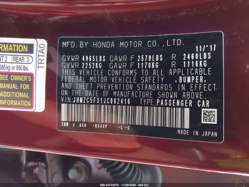 2018 Honda Clarity Plug-In Hybrid Touring VIN: JHMZC5F31JC002416 Lot: 43733576