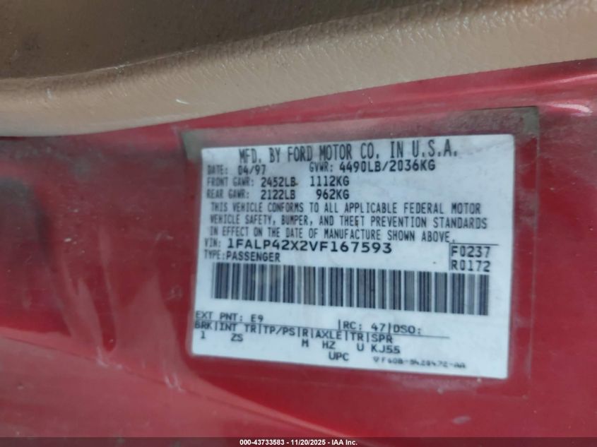 1997 Ford Mustang Gt VIN: 1FALP42X2VF167593 Lot: 43733583