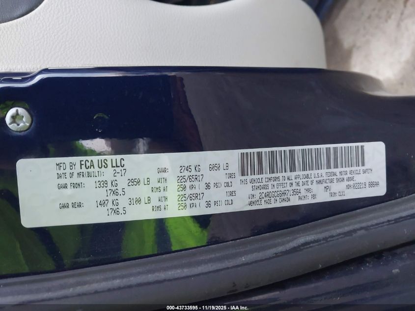 2017 Dodge Grand Caravan Sxt VIN: 2C4RDGCG6HR713564 Lot: 43733595