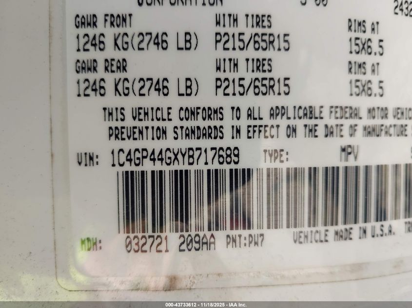 2000 Chrysler Town & Country Lx VIN: 1C4GP44GXYB717689 Lot: 43733612