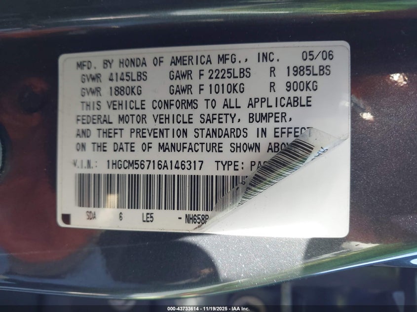 1HGCM56716A146317 2006 HONDA ACCORD photo no. 9