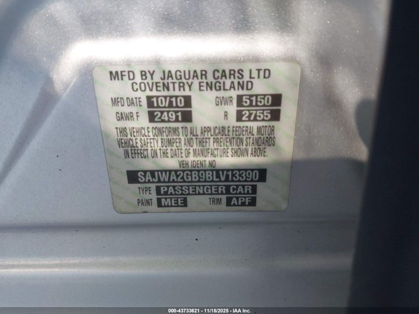 2011 Jaguar Xj Xjl VIN: SAJWA2GB9BLV13390 Lot: 43733621