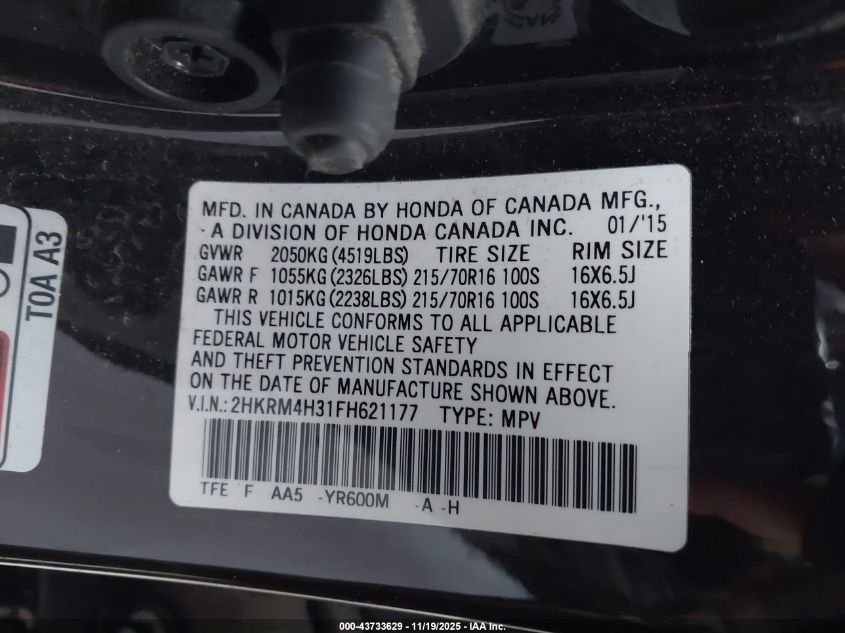 2015 Honda Cr-V Lx VIN: 2HKRM4H31FH621177 Lot: 43733629