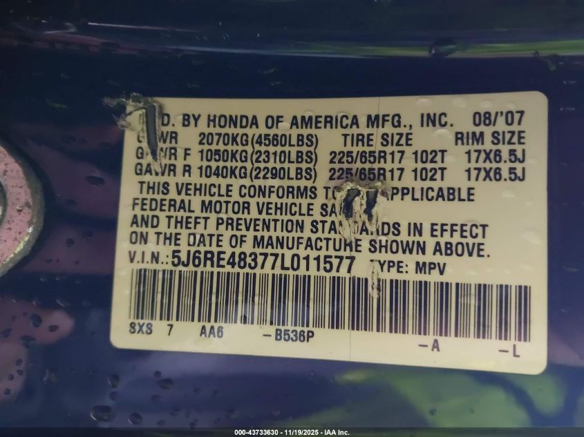 2007 Honda Cr-V Lx VIN: 5J6RE48377L011577 Lot: 43733630