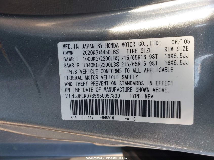2005 Honda Cr-V Lx VIN: JHLRD78595C057830 Lot: 43733631