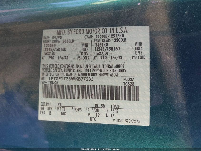 1998 Ford F-150 Standard/Xl/Xlt VIN: 1FTZF1726WKB77233 Lot: 43733649