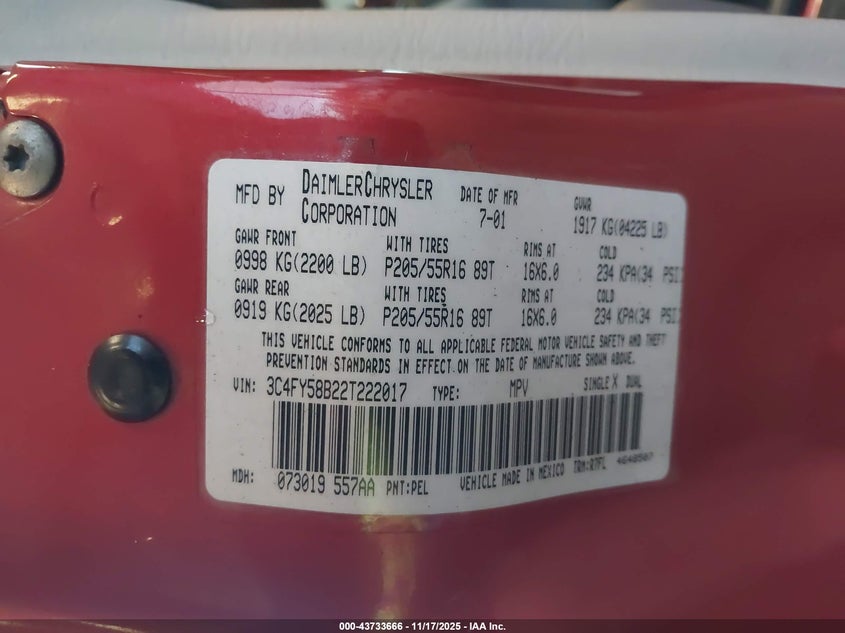 2002 Chrysler Pt Cruiser Touring VIN: 3C4FY58B22T222017 Lot: 43733666