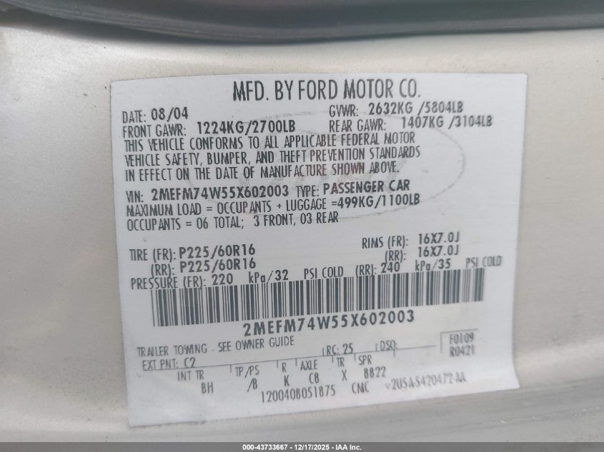 2005 Mercury Grand Marquis Gs VIN: 2MEFM74W55X602003 Lot: 43733667