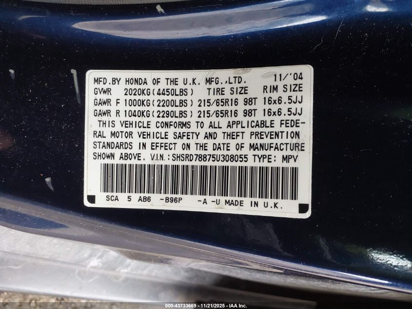 2005 Honda Cr-V Ex VIN: SHSRD78875U308055 Lot: 43733669