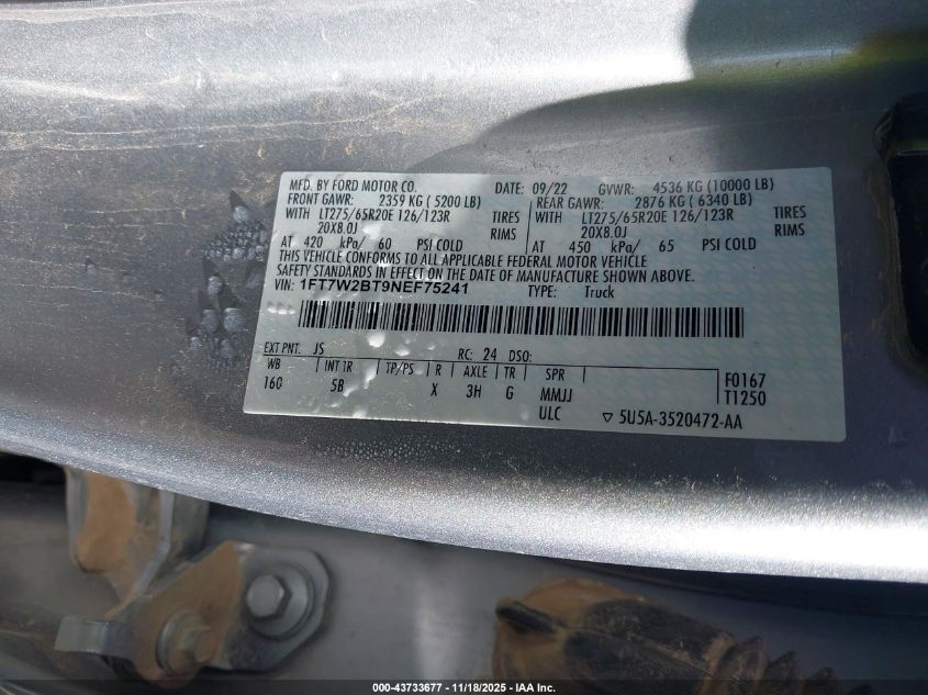 2022 Ford F-250 Lariat VIN: 1FT7W2BT9NEF75241 Lot: 43733677