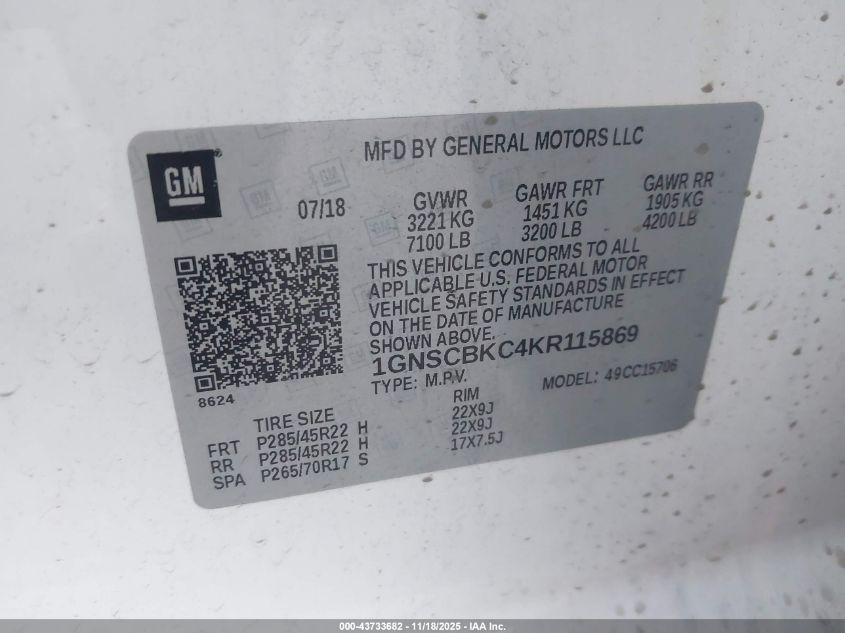 2019 Chevrolet Tahoe Lt VIN: 1GNSCBKC4KR115869 Lot: 43733682